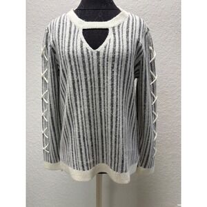 Rock & Republic Womens Striped Lace Up Sleeve Keyhole Sweater Black White Medium